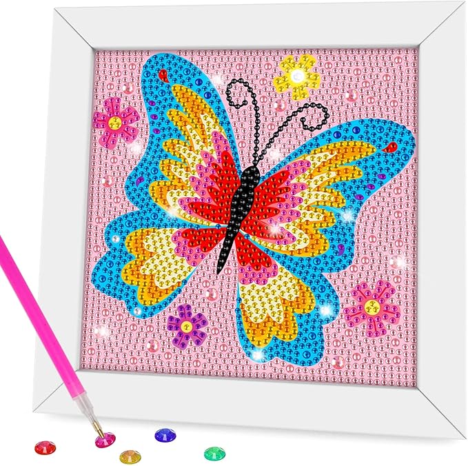 QEUOYSS Diamond Art Kit for Kids with Wooden Frame Art and Crafts for Kids Ages 6-8 -10-12 Easy to DIY Diamond Art for Kid and Adult Beginners Home Wall Decoration (Butterfly)