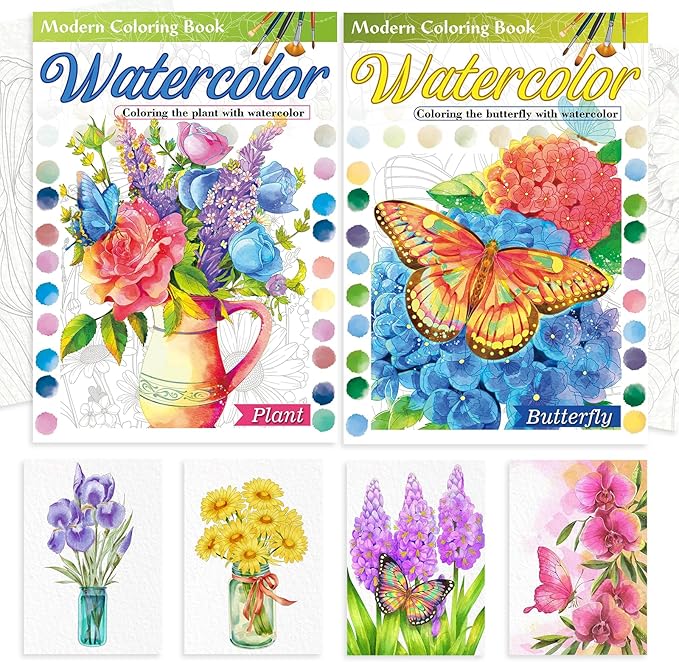 2Pcs Adults Water Coloring Book: 24 Advanced Exquisite Patterns – 100% Cotton 300gsm Paper, A4 Size – for Beginners & Professionals to Enhance & Consolidate Watercolor Techniques (Plant & Butterfly)