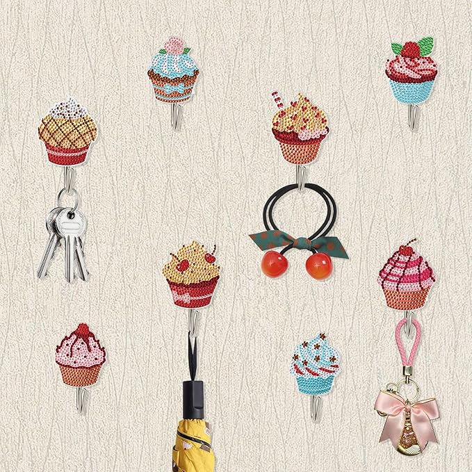 antor 8 Pcs Cupcake Diamond Art Hooks, DIY 5D Crystal Rhinestone Adhesive Wall Hangers, Cute Diamond Painting Hooks for Keys, Towels, Hats, Lightweight Clothes & Home Decoration