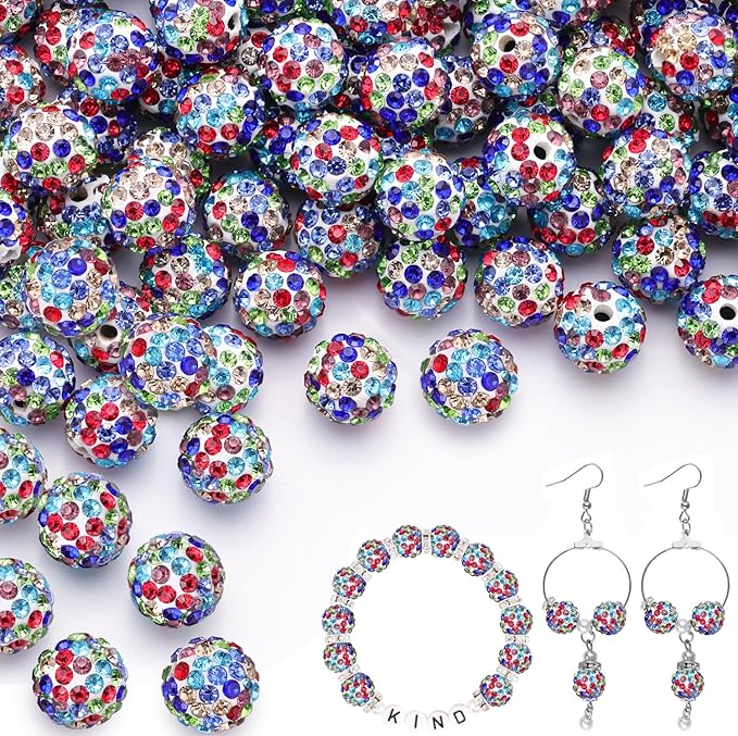 100pcs 10mm Rhinestone Beads for Jewelry Making, White Mixed Shiny Round Shamballa Disco Beads Bulk, Sparkle Crystal Clay Christmas for Bracelet Baseball Necklace Earring Crafting and DIY