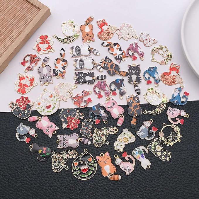 WOCRAFT 48pcs Enamel Bracelet Cat Charms for Jewelry Making Crafts DIY Necklace Bracelet Keychain Crafting Charms Kit (M768)