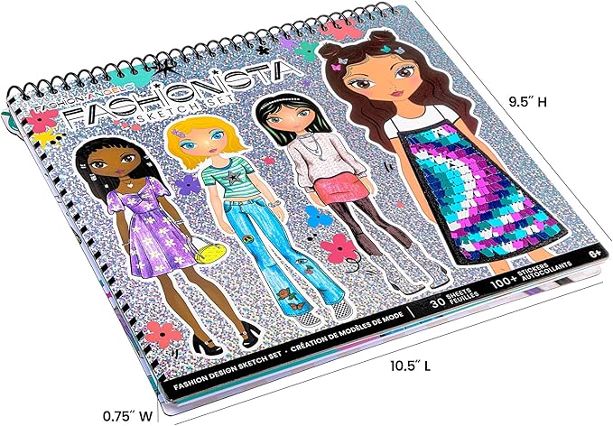 Fashion Angels Fashion Design Sketch Portfolio for Kids - Fashion Design Sketch Book for Beginners, Fashion Sketch Pad with Stencils and Stickers for Kids 6 and Up, Brown