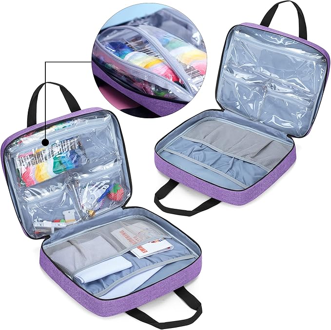 LoDrid Embroidery Kit, Embroidery Project Bag with Embroidery Kit, Portable Craft Carry Case with Starter Kit, Embroidery Supplies Storage Bag and Cross Stitch Kits for Beginner, Adults, Purple