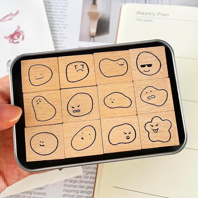 Mood Expression Wooden Rubber Stamps Kit - 12Pcs Emoticon Theme Stamps for Diary Planner, Scrapbooking, Card Making, Journal Decor and Bullet Journal