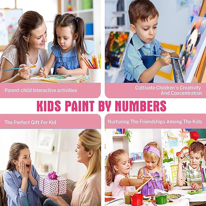 4 Pack Animal Paint by Number for Kids with Wooden Frame, Paint by Numbers for Kids Animals Ages 4-8-12, Easy Panda Sea Turtle Owl Cow DIY Acrylic Oil Painting Kits for Home Wall Decor (8X8 inch)