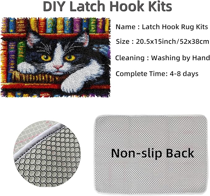 DIY Latch Hook Rug Kits Black and White Cat on Bookshelf Stamped Non-Slip Mat Crochet Yarn Hook and Latch Emboridery Tapestry for Home Floor Decor and Pet Warm Cushion 52x38cm(3)