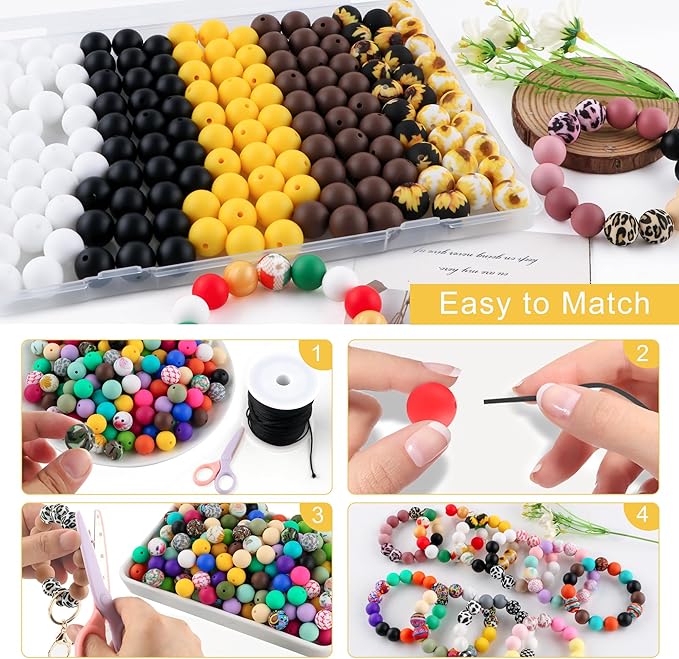 150Pcs Mixed Color 15mm Silicone Beads for Keychain Making, Chocolate Yellow Flower Print Silicone Beads for Pens and Bracelet Jewelry Making