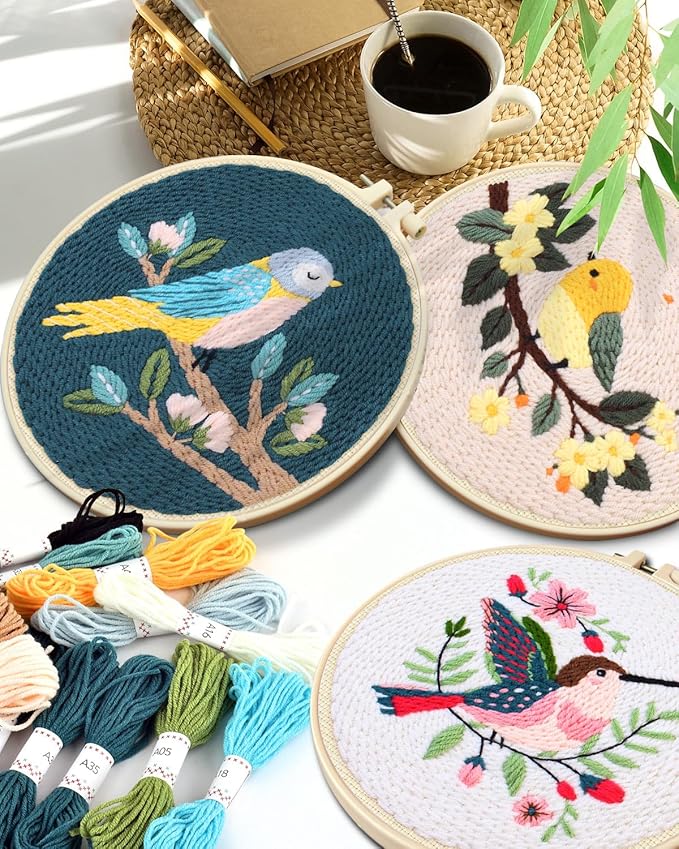 TINDTOP 3 Sets Punch Needle Kits, Panda Punch Embroidery Kits for Adults Beginner, Tool with Punch Needle Fabric, Hoops, Yarns and Sewing Needles (Bird)