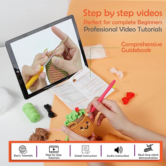 A-URA Learn to Crochet Kit for Beginners Kids and Adults, Premium Pattern Hanging Pot Plant Beginner Crochet Kits with Easy Tube Yarn & Step-by-Step Video Tutorials