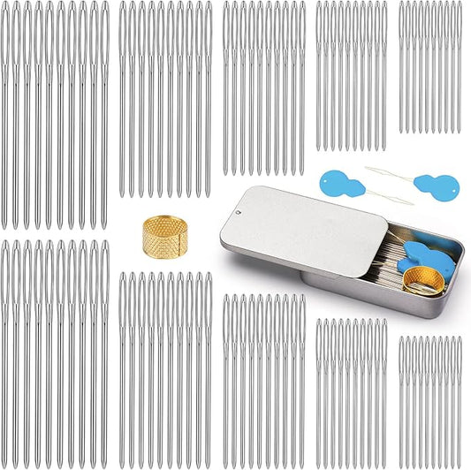 TLKKUE 100/40 Pcs Steel Large-Eye Blunt Needles, Tapestry Needle with Needle Threader Thimble, Yarn Needles for Sewing Knitting Crafting Weaving Crochet Tapestry (Silver, 5 sizes/100pcs)
