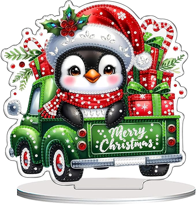 VODAPYC Christmas Penguin Diamond Art Tabletop Painting Kit, DIY Stand Up Double Sided Special Shaped Gnome Diamond Painting Desktop Ornament(Christmas Penguins Truck)