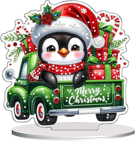 VODAPYC Christmas Penguin Diamond Art Tabletop Painting Kit, DIY Stand Up Double Sided Special Shaped Gnome Diamond Painting Desktop Ornament(Christmas Penguins Truck)