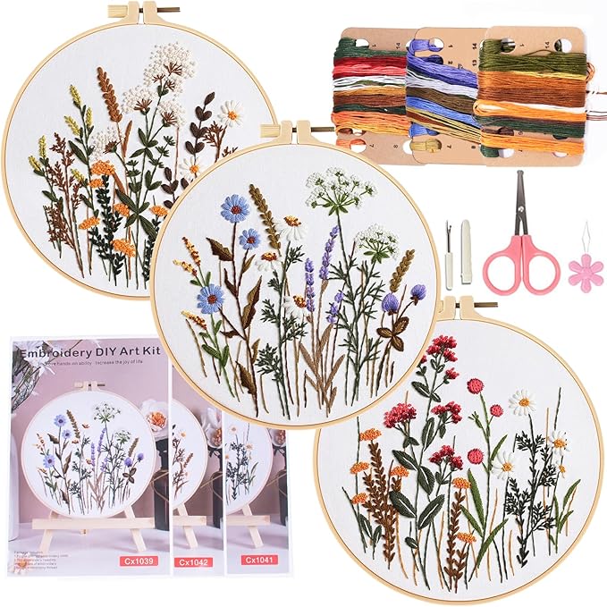 COCOMOX 3 Sets Embroidery Practice Kits, Flower Pattern Embroidery Kit for Beginners Adults, Hand Embroidery Kit, Easy to Follow Instruction and Video