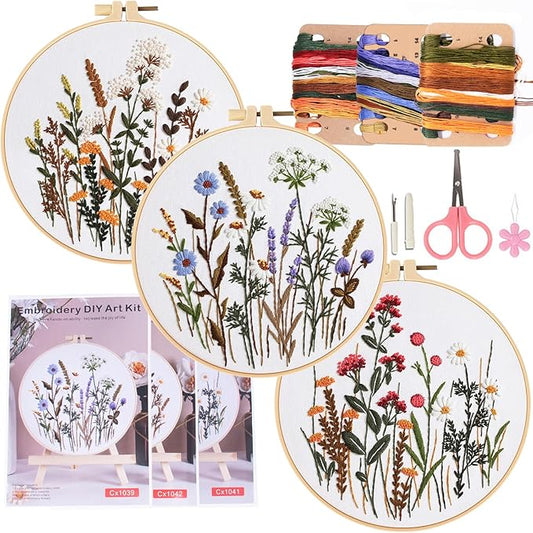 COCOMOX 3 Sets Embroidery Practice Kits, Flower Pattern Embroidery Kit for Beginners Adults, Hand Embroidery Kit, Easy to Follow Instruction and Video