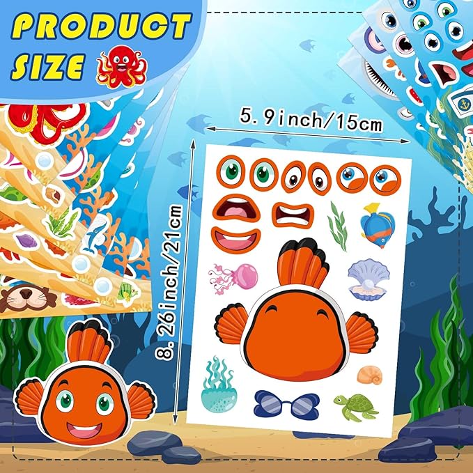48 sheets ocean stickers for kids, make your own sea animal mix and match sticker sheets, make a face sticker, summer stickers for kids 3-5 birthday party favor, teacher reward