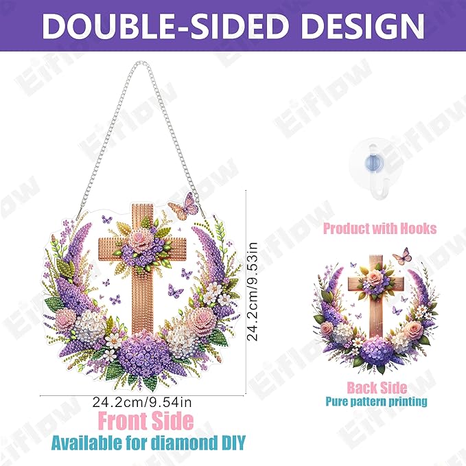 Eiflow Acrylic Diamond Art Hanging Kit for Adults, DIY Diamonds Painting Door Hanging Board Kit, Special Crystal Diamond Art Painting Pendant Ornament (Cross)