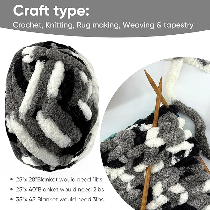 8 Jumbo Packs Chunky Chenille Yarn for Crocheting, 31.7 yds, 8 oz Each Skein Bulky Thick Fluffy Yarn for Knitting, Super Bulky Chunky Yarn for Hand Knitting Blanket, Soft Plush - Panda
