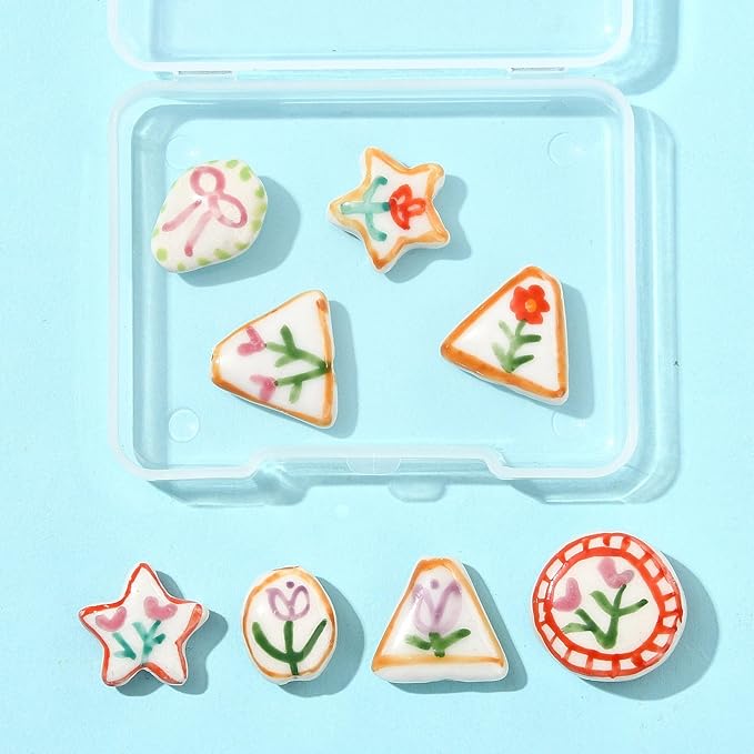 8Pcs Flower Porcelain Beads for DIY Jewelry Mixed Shapes Handmade Round Triangle Star Oval Floral Spacer Beads for Necklaces Bracelets Earrings Keychains Making and Crafting