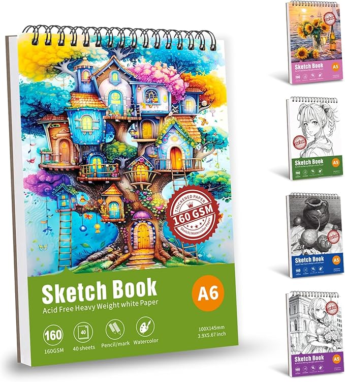 Thickened Mixed Media Sketchbook - Three Different Sizes, Drawing Paper Pad-108lb/160gsm, (Colorful Tree, A6 (Mini Size) 3.9X5.7 inch)