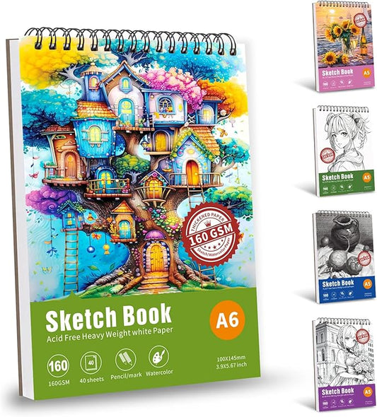 Thickened Mixed Media Sketchbook - Three Different Sizes, Drawing Paper Pad-108lb/160gsm, (Colorful Tree, A6 (Mini Size) 3.9X5.7 inch)