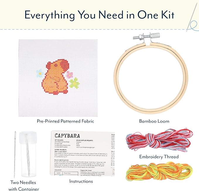 GAMAGO Capybara Cross Stitch Embroidery Kit – DIY Needlework Craft Set with Hoop, Fabric, Floss & Instructions, Cute Beginner Embroidery Kit for Kids, Teens, & Adults