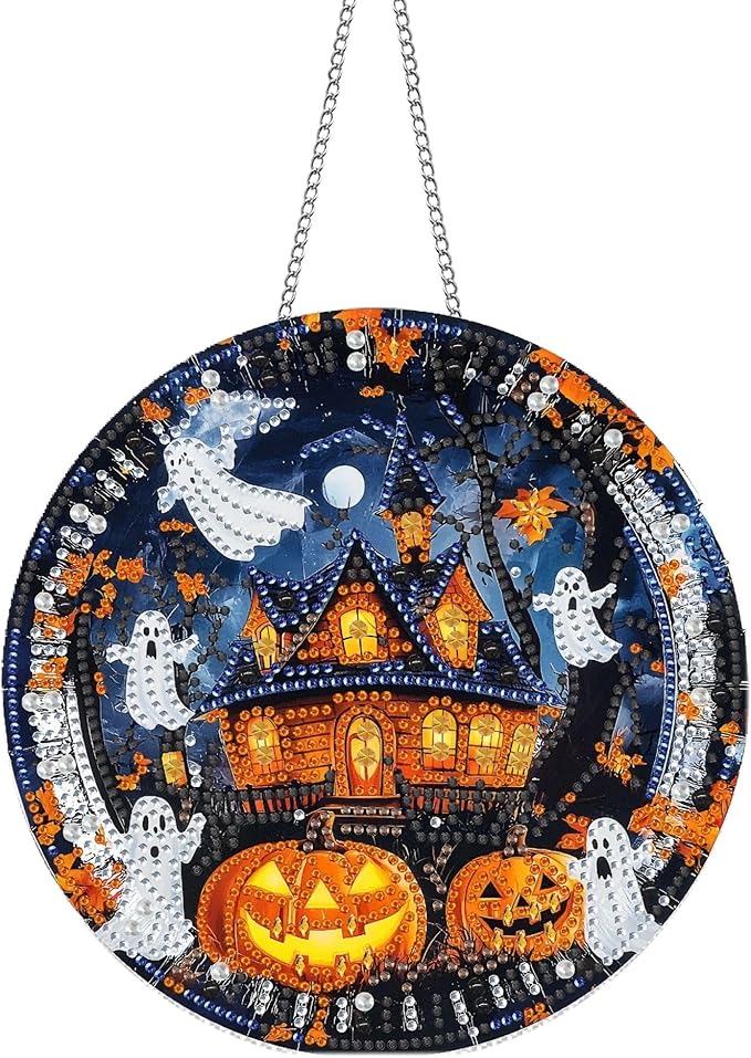Pavemlo Hanging Diamond Art Kits for Adults Halloween Ghost – 8x8 Inch Double-Sided Acrylic Board DIY Crystal Diamond Suncatcher Pendant, Sparkling Home Wall or Window Decoration Handmade Gift