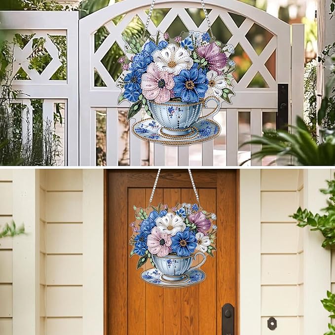 MXJSUA Bouquet Blue Flowers Special Shaped Hanging Diamond Painting Art Kits for Adults, Crystal Rhinestone Acrylic Gem Art Pendant Ornaments Kit for Home Decor and Gift 7.87 * 7.87 Inch