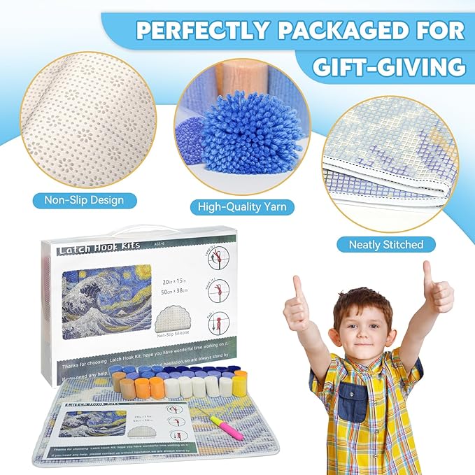 EsLuker.ly Latch Hook Rug Kit DIY Crochet Carpet for Beginners, Sea Wave Patterns Pre-Printed Canvas Yarn Rug Hooking Kits, Creative Craft Home Decor Ideal for Learning Rug Making