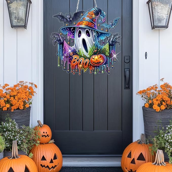 GAYISIC Diamond Art Hanging Kit for Adult, Double Sided 5D Acrylic Diamond Art Painting Window Pendants，DIY Acrylic Diamond Art Painting Window Pendants Home Garden Wall (Halloween Ghost)