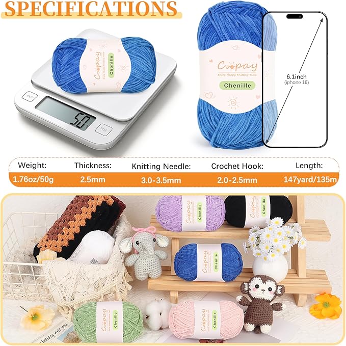 Coopay Skinny Chenille Yarn for Crocheting and Knitting, 12 Pack of 50g/1.76oz - 1764yd Total, Crochet Yarn of Light Weights - Suitable for Baby Blankets, Plush Toys, Garments - Super Soft (Blue)