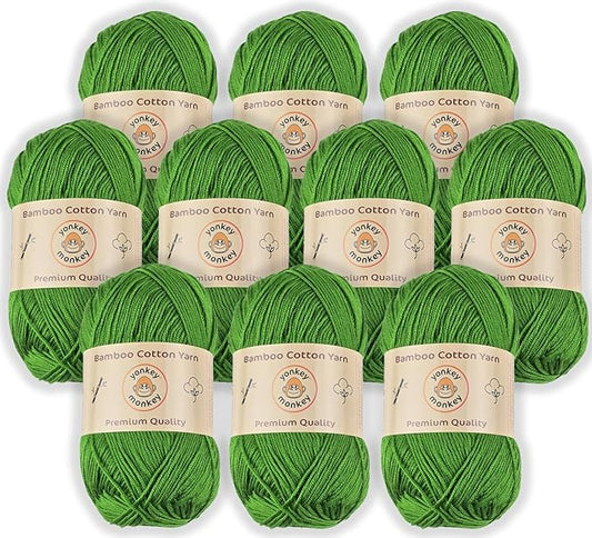 10-Pack of Yonkey Monkey 500 Grams Yarn - 70% Rayon derived from Bamboo, 30% Cotton - Imported - Grass Green 9035