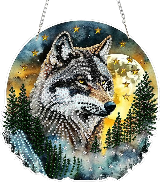 SENQAO Hanging Diamond Art Painting Kits for Adults Beginners, 5D Special Shape Diamond Art Kits, Wolf Crystal Rhinestones Diamond Gem Art Painting for Home Garden Wall Decor