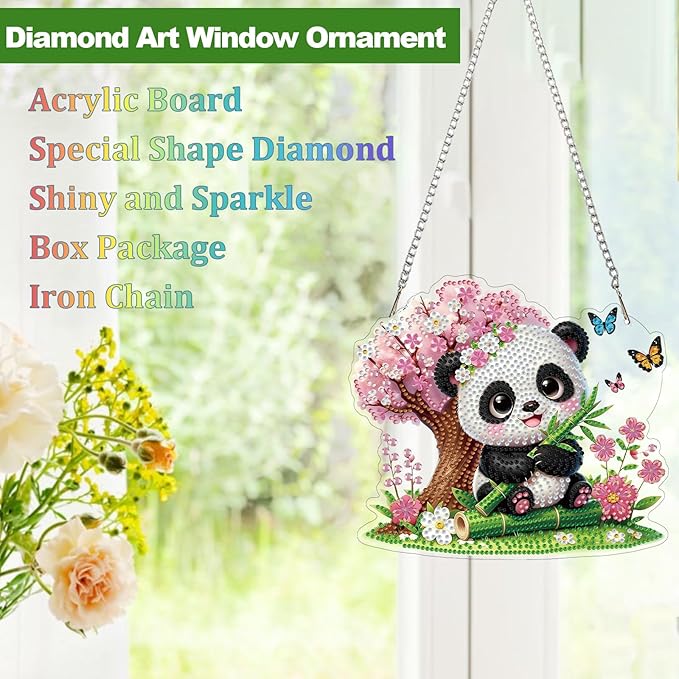 CEOVR Panda Diamond Painting Pendant, Animal Hanging Diamond Art for Adults, DIY Gem Art Wall Hanging Ornament, Acrylic Home Garden Decor with Chain, Box Kit 7.79×6.9inch