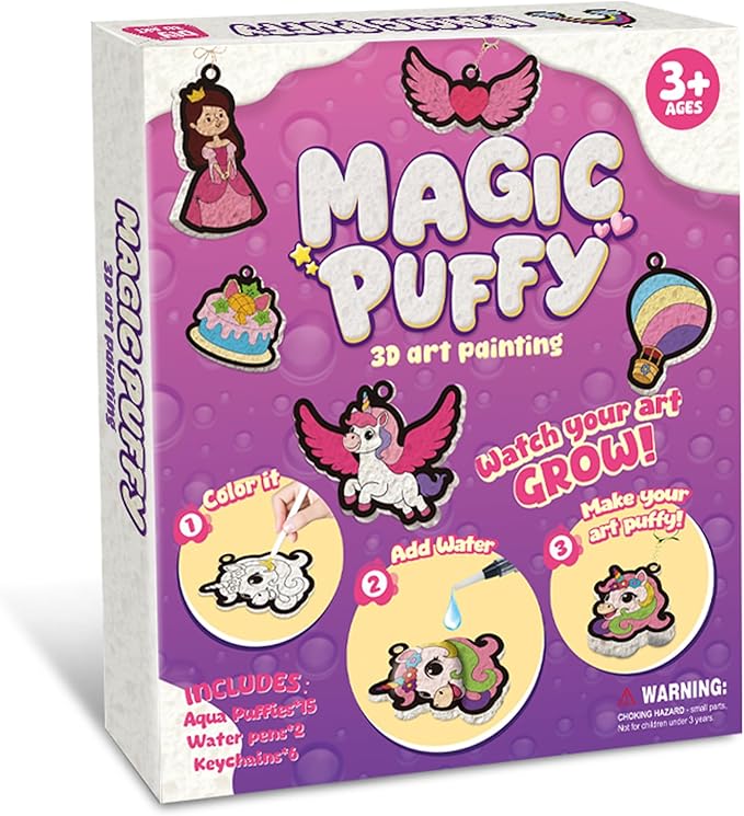 MZYTOZA 3D Art Kit Aqua Magic Puffs Princesses & Unicorns, Stocking Stuffers, 15 Mess-Free Paint by Number Craft for Kids, Christmas Gift Idea & Stocking Stuffer, Art Projects with Puff Markers