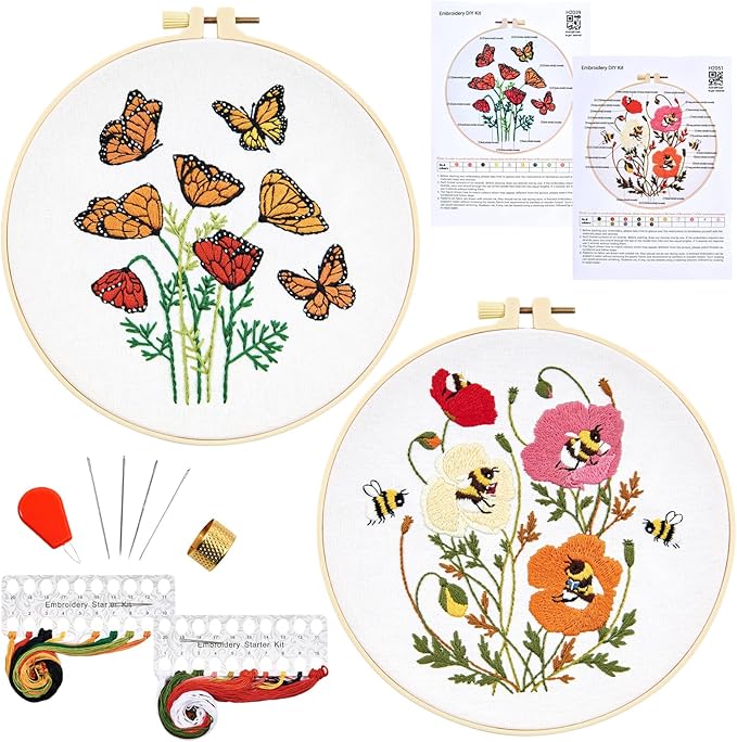 Flowers Embroidery Kits for Beginners Adults, Butterfly Hand Embroidery Starter Kits, Bee Cross Stitch Kits for Beginner Needlepoint DIY Kits for Adult, 2 Set Embroidery Hoops, Thread & Video Tutorial