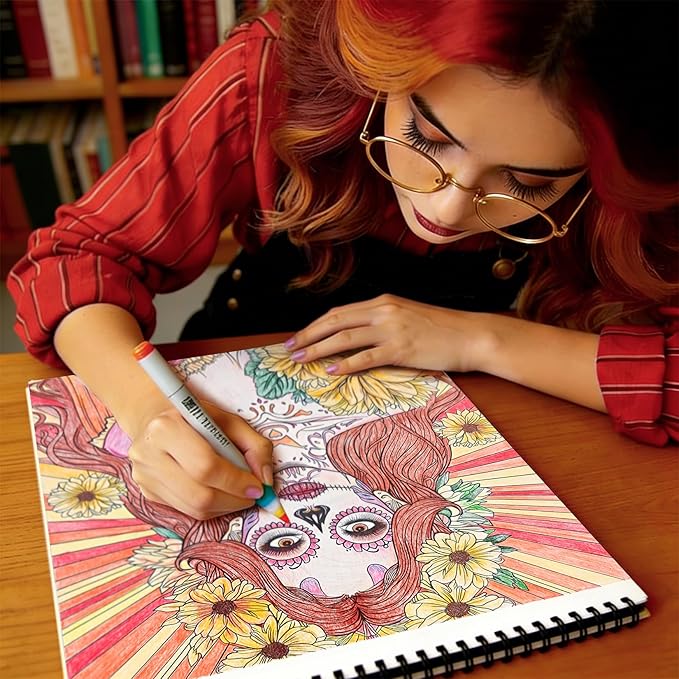 FUN LAVIE Sugar Skull Coloring Book for Adults – Elegant Floral Sugar Skull Lady Designs for Women Mindfulness, Stress Relief & Relaxation, Spiral Bound, Perfect Day of the Dead Art Gift