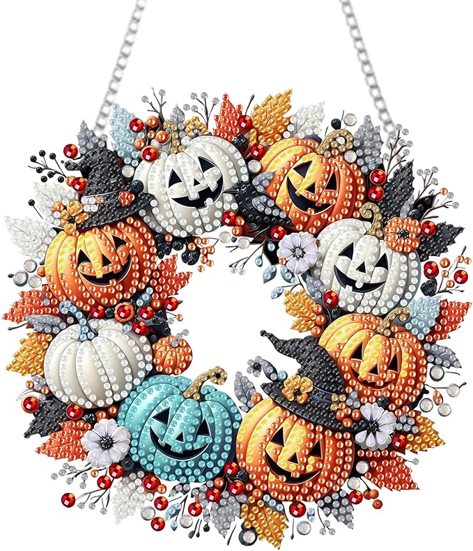 RYMILIE Diamond Art Hanging Kit for Adult,Special Shaped Rhinestone,Double Sided 5D DIY Acrylic Diamond Art Painting Window Pendants Home Garden Wall Hanging Kits Hanging Ornament (Halloween Pumpkin)
