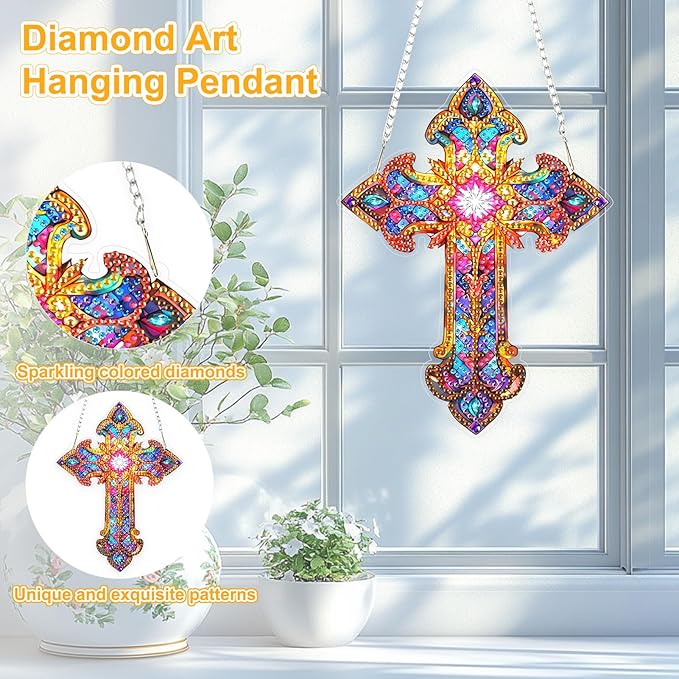 TOSTOG Cross Diamond Art Hanging Kits for Adults, Cross Diamond Painting for Adults Window Pendant, Special Shape Diamonds Diamond Painting Hanging Pendant Kit for Wall Home Decor Gift