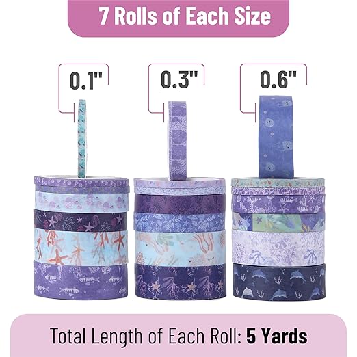 Mr. Pen- Washi Tape Set, 21 Rolls, 5 Yards/Roll, Assorted Sizes, Tide & Bloom Design, Washi Tape for Journaling