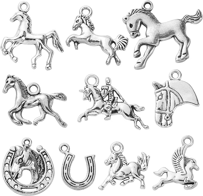 DanLingJewelry 100Pcs 10 Styles Antique Silver Horse & Horseshoe Animal Charms for DIY Jewelry Making