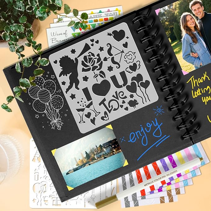 GOTIDEAL 8 x 8 Inch Scrapbook Album with Metallic Marker,40 Pages Kraft Paper Photo Albums for Wedding&Anniversary,Family DIY Scrap Books with Scrapbooking Stickers Corners(Black)