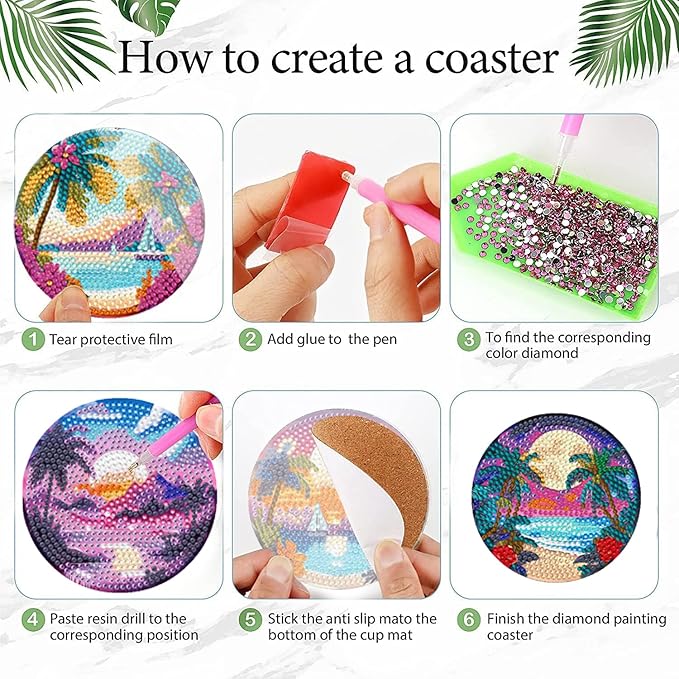 EWJRNSF 6 PCS Small Diamond Art Coasters Kits, Diamond Painting Coasters, Fall Diamond Art Kits for Adults Beginners, Arts and Crafts Item Sets with Holder for Drinks. Ocean Beach