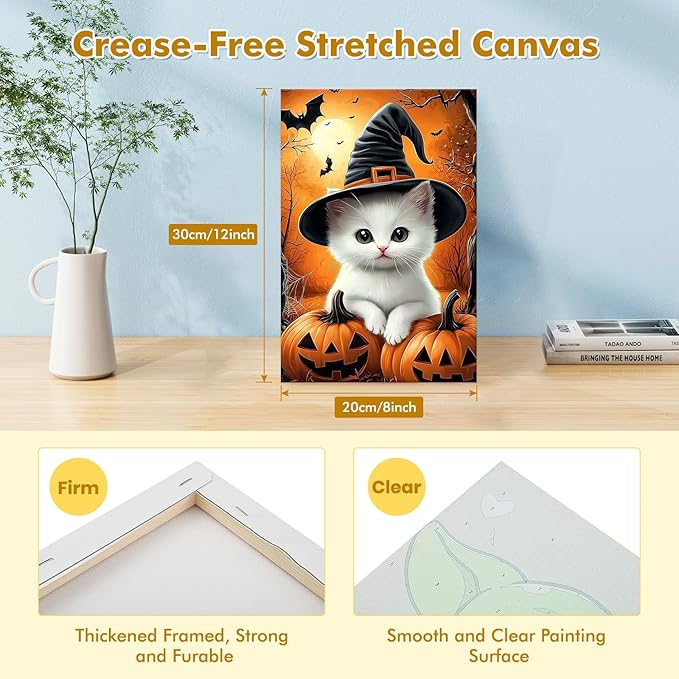 Bowetile Halloween Framed Paint by Numbers for Adults, Adults' Paint-by-Number Cat Kits on Canvas, Easy Acrylic Pumpkin Number Painting Crafts Kits Halloween Gifts for Home Decor, 8x12in