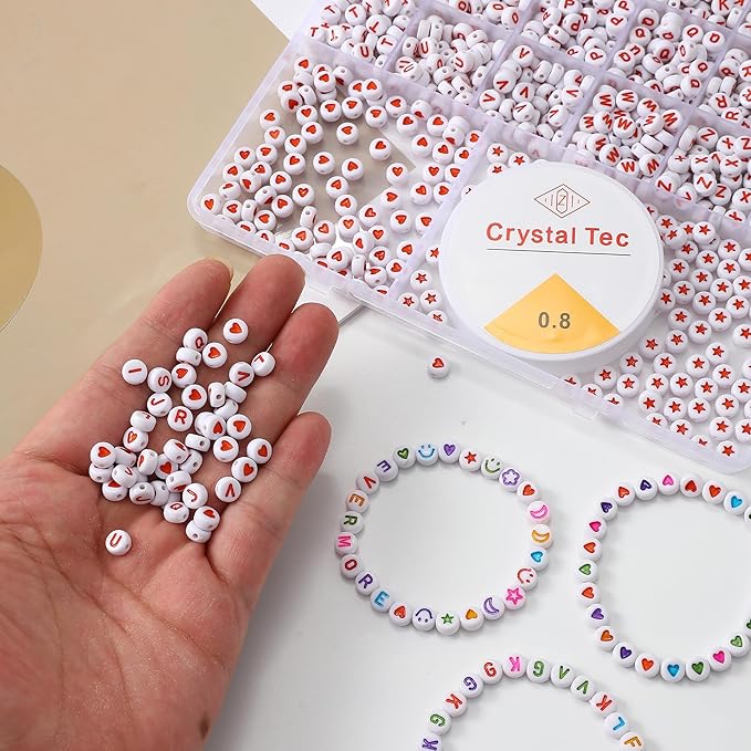 nikkiGuo 1250pcs 4x7mm White Round Acrylic Alphabet Beads A-Z Heart Beads with Numbers Crystal Line for Jewelry Bracelet, Necklace and Key Chains (Orange White Color)