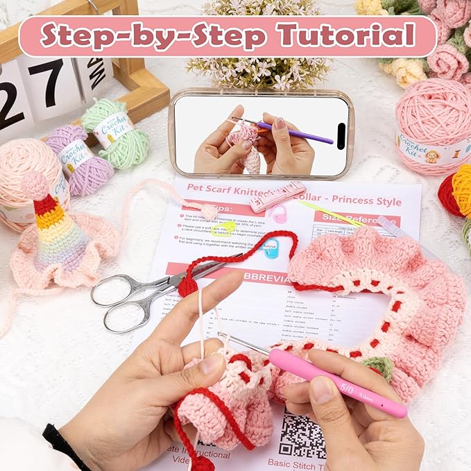 Alvian Crochet Kit for Beginners Pink Cherry Crochet Pet Collar Knitting Kit for Beginner Adults - Handmade Adjustable Scarf Hat Crochet Pet Outfit for Cats and Dogs