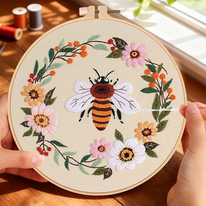 Fakindiy 4 Sets Embroidery Kit for Beginners, Bee Cross Stitch Set for Complete Starter Kit with Hoop, Threads, Needles & Tools,Hand Craft Gift for Lovers (ColorB-bee Pattern)