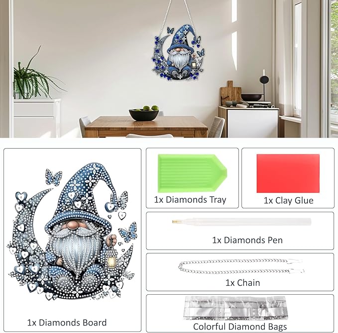 SENQAO Gnome Diamond Art Hanging Kit for Adult, Special Shaped Rhinestone, Double Sided DIY Acrylic Diamond Art Painting Window Pendants Home Garden Wall Hanging Kits Hanging Ornament(Full Moon Love)