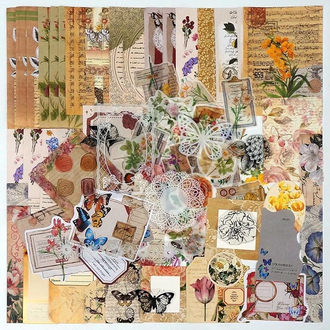 Teniinet 260 PCS Vintage Scrapbooking Supplies Aesthetic Journaling Kit,Large Collection for Bullet Junk Journals,Arts Craft Collage,Ephemera Adults,Beginners,Girls Teenage School Style(Flowers)
