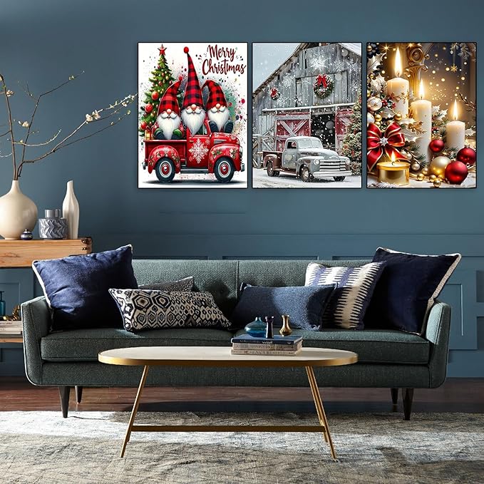 Meothan Christmas Diamond Art Kits for Adults - 3 Pack Diamond Painting Kits for Adults, 5D Round Full Drill Gem Art Paint by Diamonds Dots DIY Crafts Kits 12x16inch (Candle Gnomes and Truck)