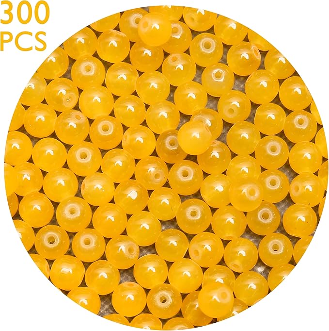 300PCs 6mm Yellow Jade Glass Beads Bulk, Round Smooth Hole Glass Crystal Beads for Jewelry Making, DIY Bracelets, Necklaces, Bag Charms, Keychains and Craft Projects